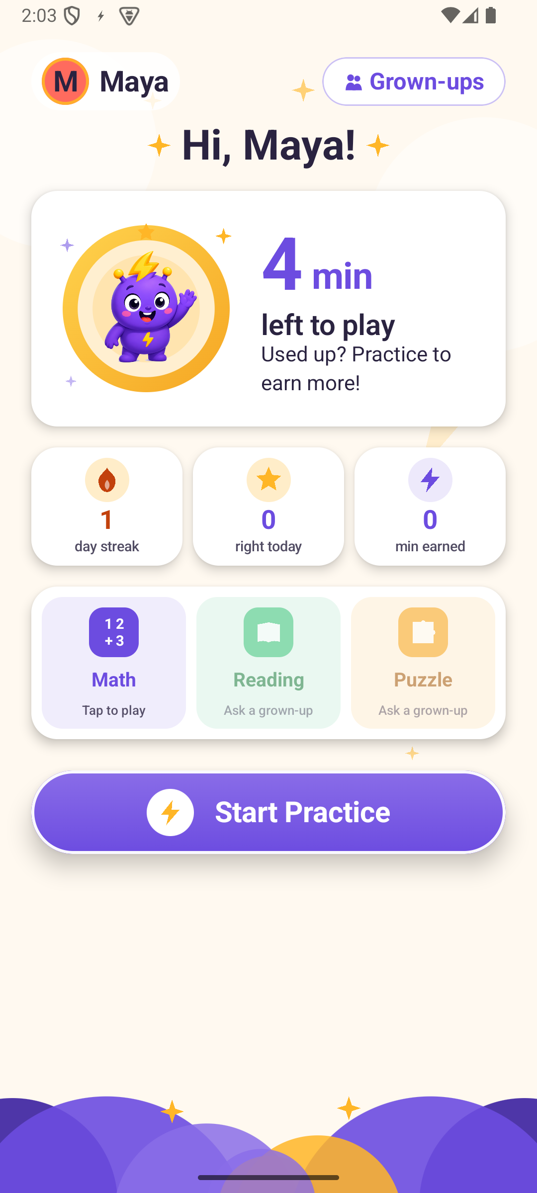 Child practice home showing earned minutes, subjects, and a large Start Practice button