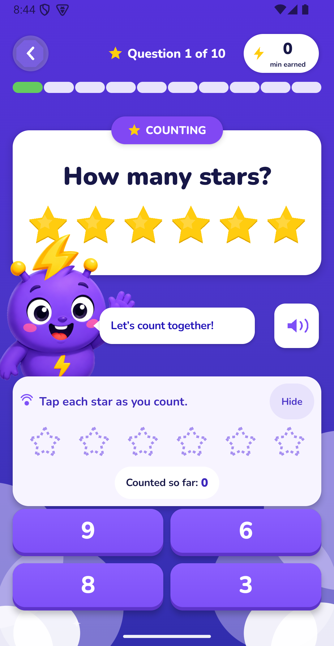 Colorful counting question with six stars, a narration button, and four large answers