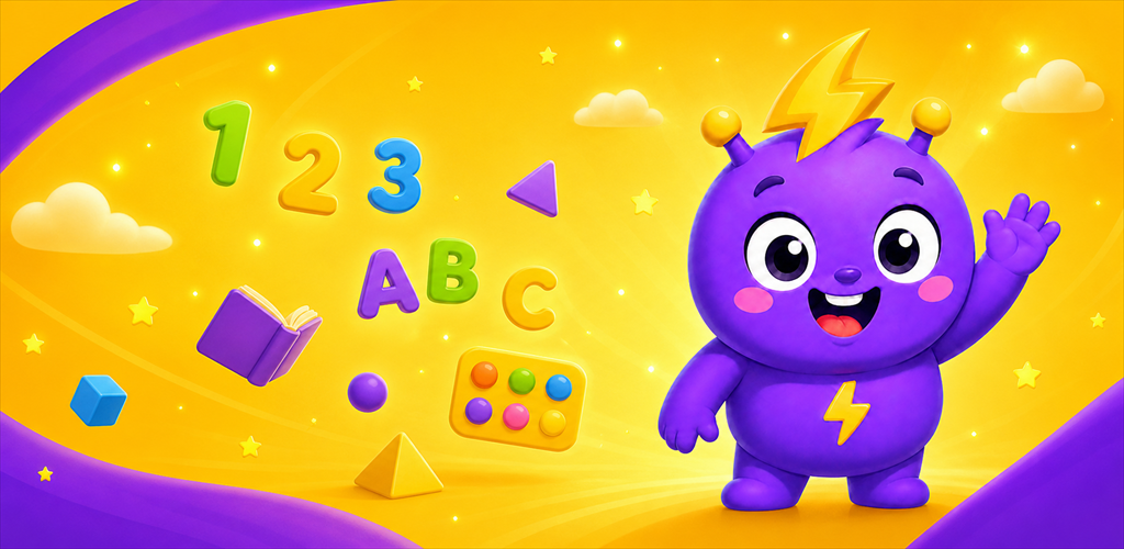 Sparky waves beside colorful numbers, letters, shapes, and a book